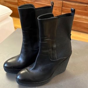 Never worn Moncler Black Leather wedge boots